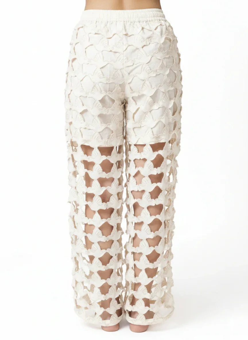 Off-white wide-leg pantalons with geometric cut-out broderie lace, elastic waist, boho chic style from ALTER EGO. - Pantalon DOVE - S / Bleu - ALTER EGO