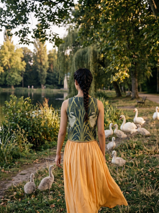 Woman wearing a sleeveless sage-green patterned vest with a flowing coral-orange pleated skirt beside a garden pond. - Gilet SWAN - S - ALTER EGO