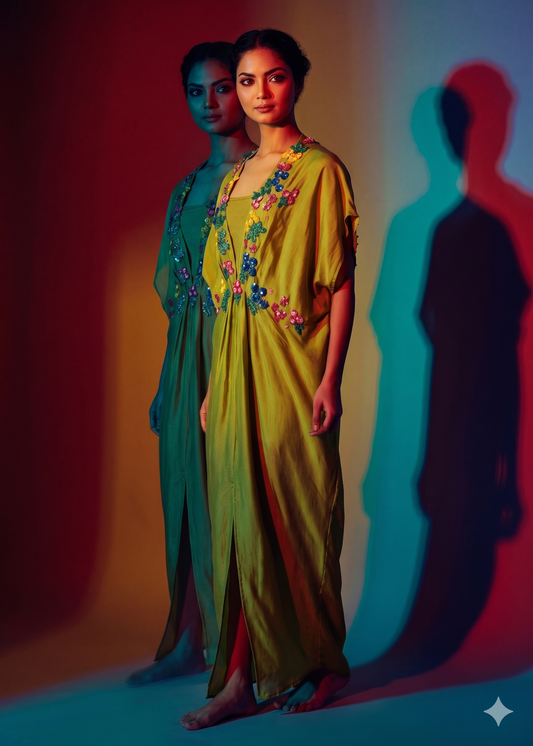 Long olive-green caftan with a flowing skirt, three-quarter sleeves, and colorful floral embroidery around the V-neck. - Caftan BLOOM - S - ALTER EGO