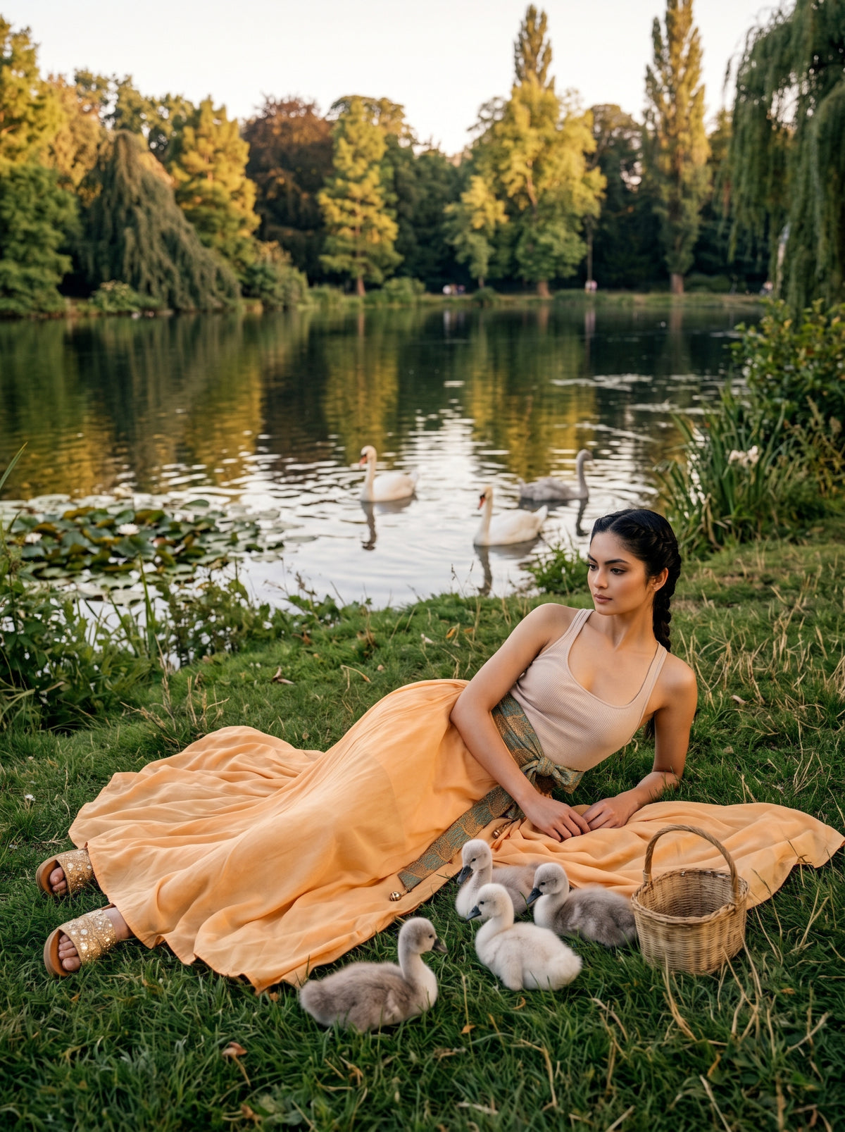 Woman in a flowing peach-orange wrap skirt reclining on grass beside a lake, with fluffy white birds nearby. - Jupe SWAN - S - ALTER EGO