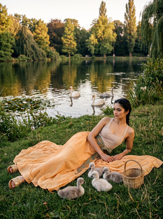 Woman in a flowing peach-orange wrap skirt reclining on grass beside a lake, with fluffy white birds nearby. - Jupe SWAN - S - ALTER EGO