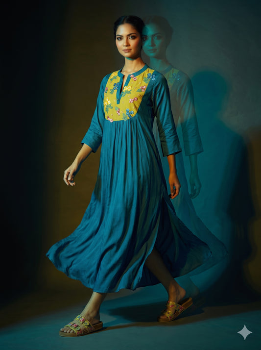 Long teal-blue flowing caftan dress with three-quarter sleeves and a vivid yellow embroidered V-neck plastron. - Robe Plastron BLOOM - S / Bleu - ALTER EGO