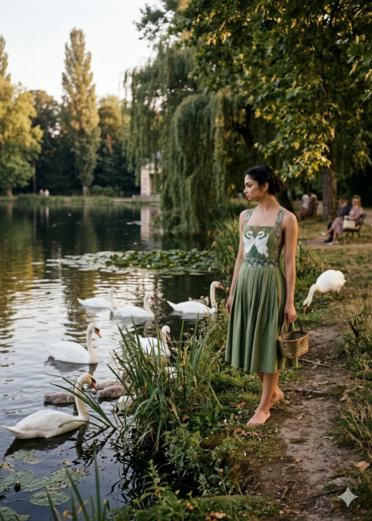 Woman wearing a sage green sleeveless midi dress with a square neckline and fitted waist beside a pond. - Robe tablier SWAN - S - ALTER EGO