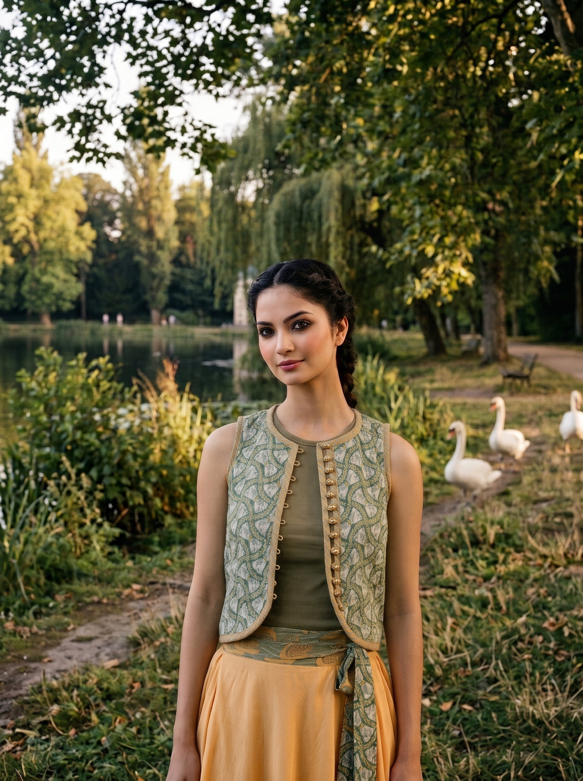 Woman wearing a sleeveless sage-green top and coral skirt with a short, embroidered floral vest, beside a pond. - Gilet SWAN - S - ALTER EGO