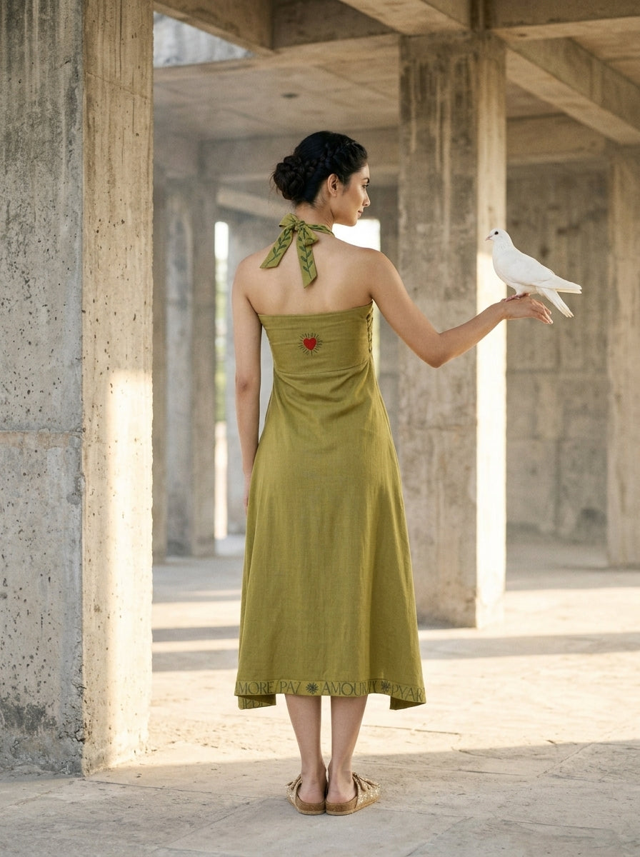 Olive-green halter midi dress with an open back, embroidered neckline, and flowing skirt, shown from behind. - Robe DOVE - XS - ALTER EGO