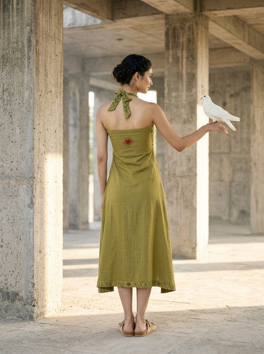 Olive-green halter midi dress with an open back, embroidered neckline, and flowing skirt, shown from behind. - Robe DOVE - XS - ALTER EGO