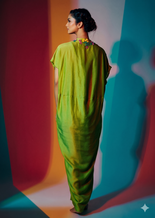 Back view of a flowing lime-green caftan with three-quarter sleeves and a small multicolored embroidered neckline. - Caftan BLOOM - S - ALTER EGO