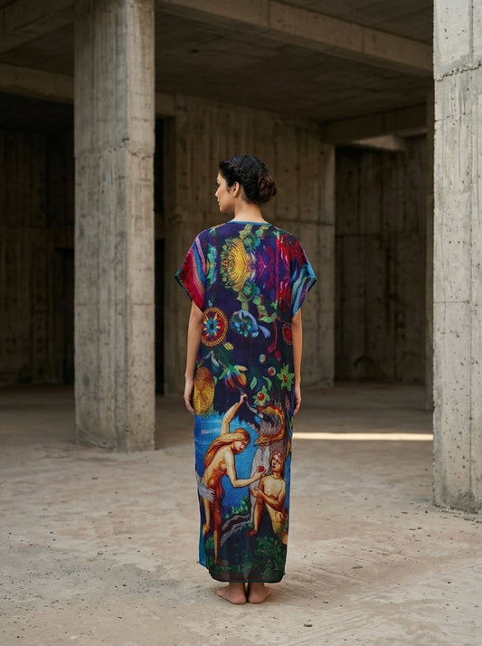 Woman wearing a long, loose blue caftan with vivid multicolored floral and ornate motifs, viewed from behind. - Caftan EDEN - S - ALTER EGO