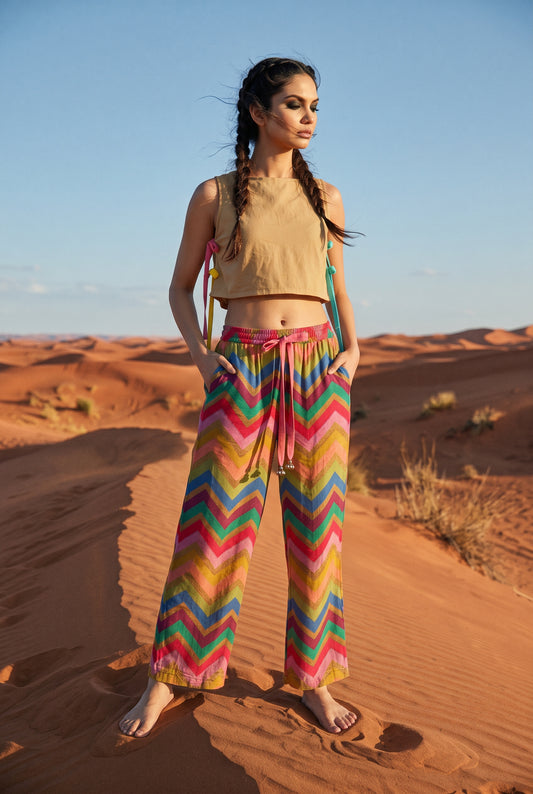 Woman wearing vibrant multicolored chevron wide-leg trousers with an elastic waist and flowing, silky-looking fabric. - Pantalon ZIG ZAG - S - ALTER EGO