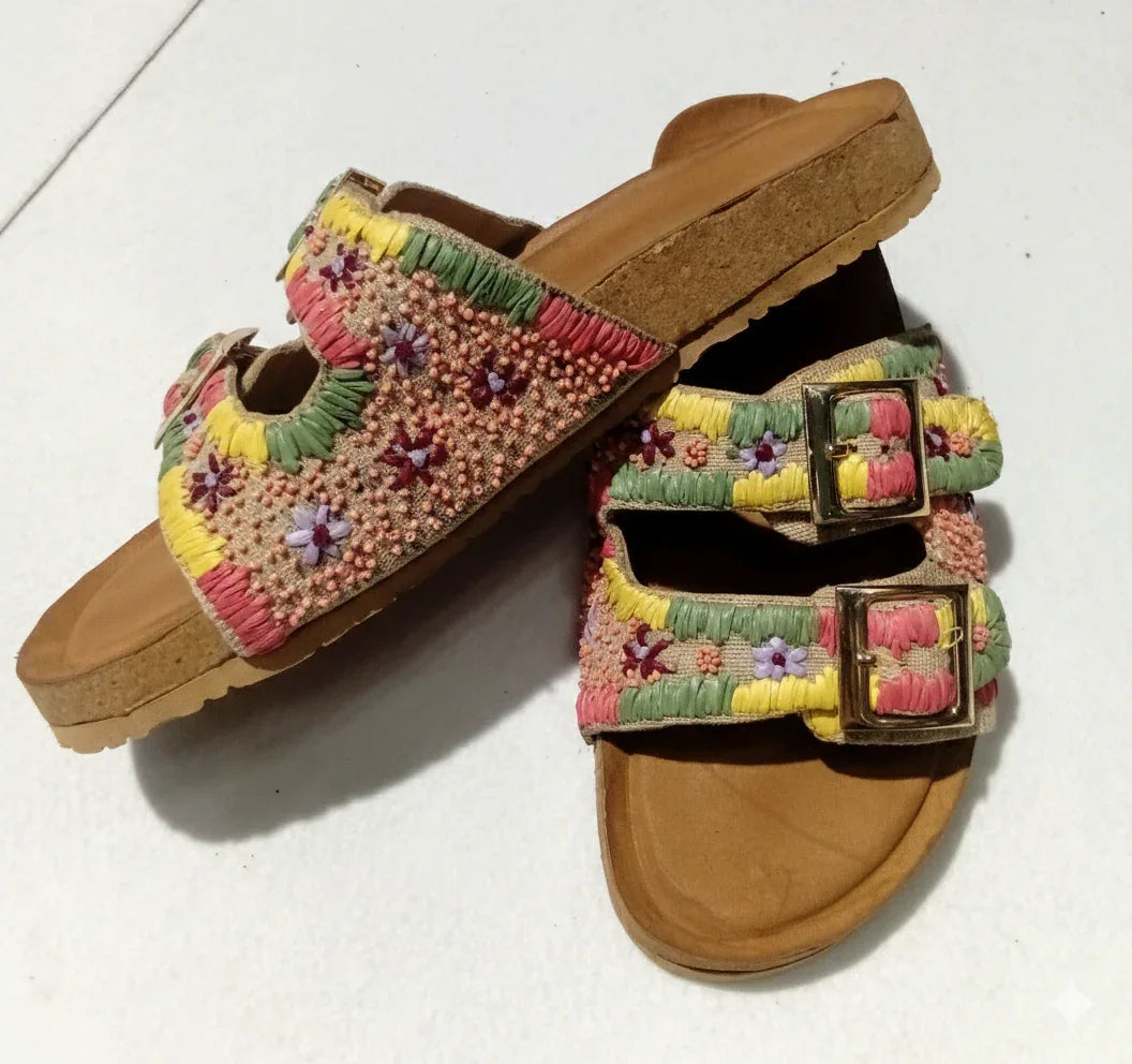 Colorful embroidered boho sandals with yellow and pink raphia straps, double buckle detail, and tan cushioned sole, perfect. - Sandale JAUNE-ROSE - 36 - ALTER EGO