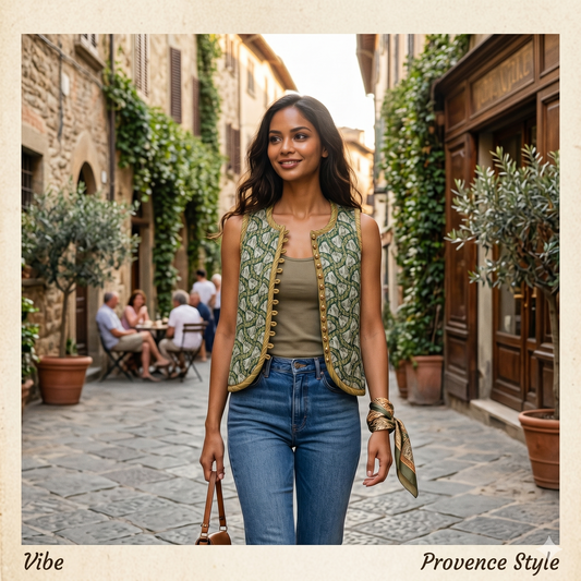 Woman wearing a sage-green quilted vest with a floral swan print, layered over a beige top and jeans. - Gilet SWAN - S - ALTER EGO