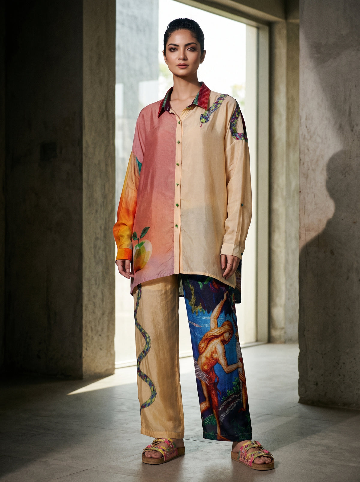 Model wearing a long beige button-up shirt with colorful bird and floral prints, paired with a matching patterned skirt. - Chemise EDEN - XS - ALTER EGO