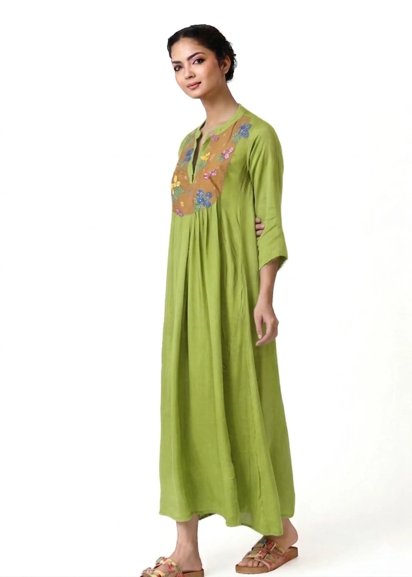 Long green robe femme élégante with multicolor embroidered plastron, 3/4 sleeves, and loose boho style by ALTER EGO, mode. - Robe Plastron BLOOM - S / Bleu - ALTER EGO