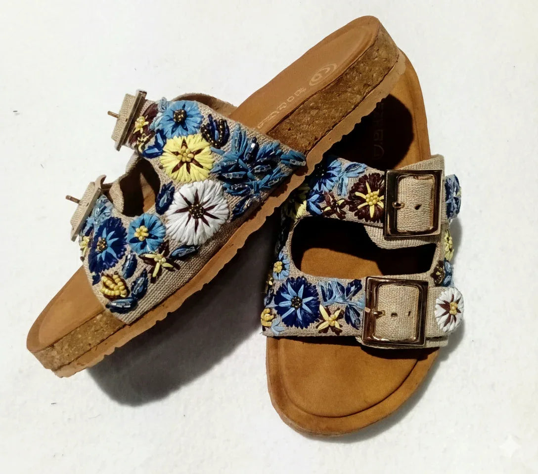 Blue embroidered boho sandals with floral broderie, double buckles, and cork sole, style femme raffiné by ALTER EGO for. - Sandale BLUE - 36 - ALTER EGO