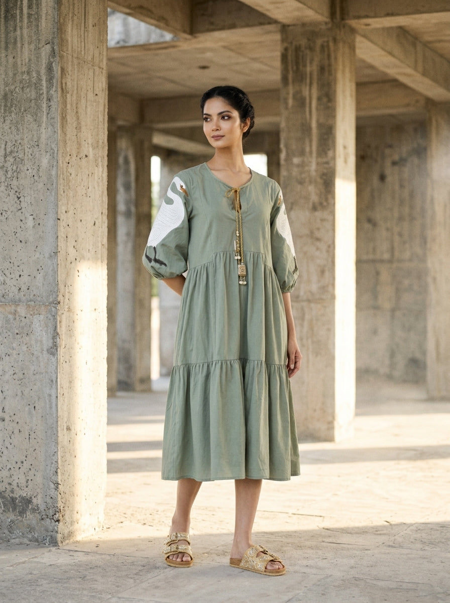 Sage green embroidered midi dress with a round neckline, three-quarter sleeves, and a flowing tiered skirt. - Robe SWAN - S - ALTER EGO