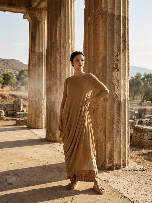 Woman wearing a flowing beige toga dress with a draped waist and three-quarter sleeves among ancient stone columns. - Robe toge SWAN - S - ALTER EGO