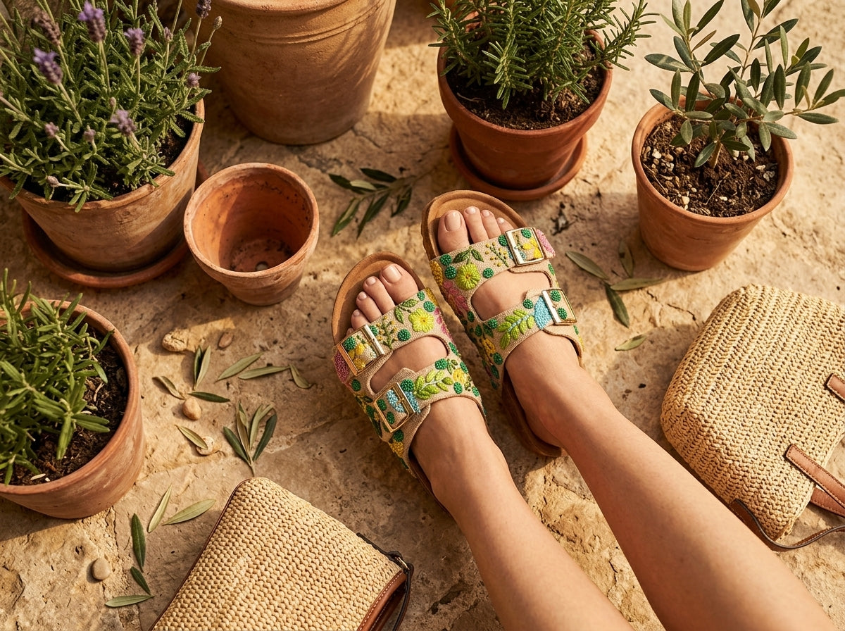 Green and gold embroidered boho sandals with colorful floral straps and open toes, worn on a sunlit patio. - Sandale GREEN - 36 - ALTER EGO