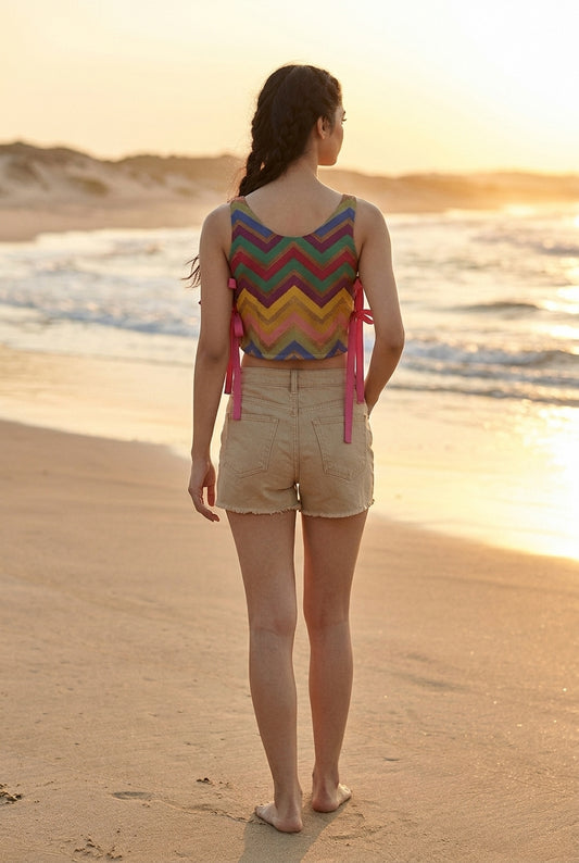 Woman wearing a sleeveless multicolor zigzag top with a tied back detail and beige shorts on the beach. - Top ZIG ZAG - S / Zig Zag Pastel - ALTER EGO