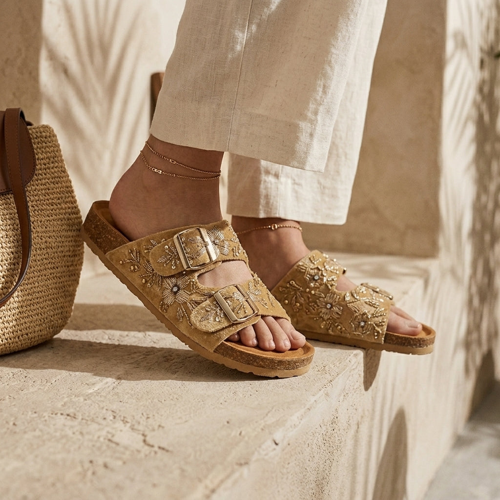 Beige embroidered velvet sandals with gold floral details and double buckles, worn with cream trousers. - Sandale VELVET - 36 - ALTER EGO