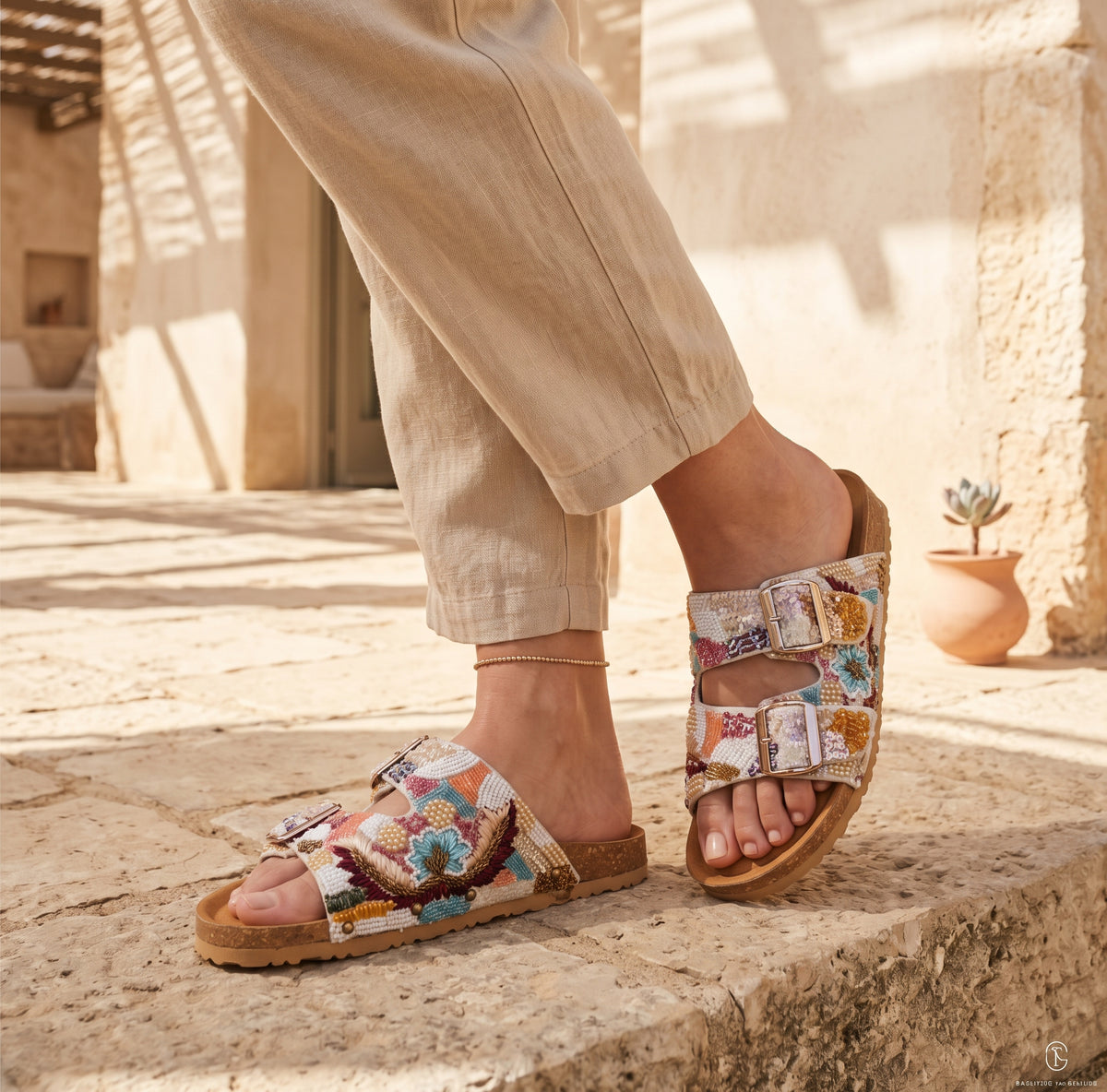 Pastel multicolor sequin sandals with woven straps, open toes, and flat brown soles, worn with beige trousers. - Sandale SEQUIN PASTEL - 36 - ALTER EGO