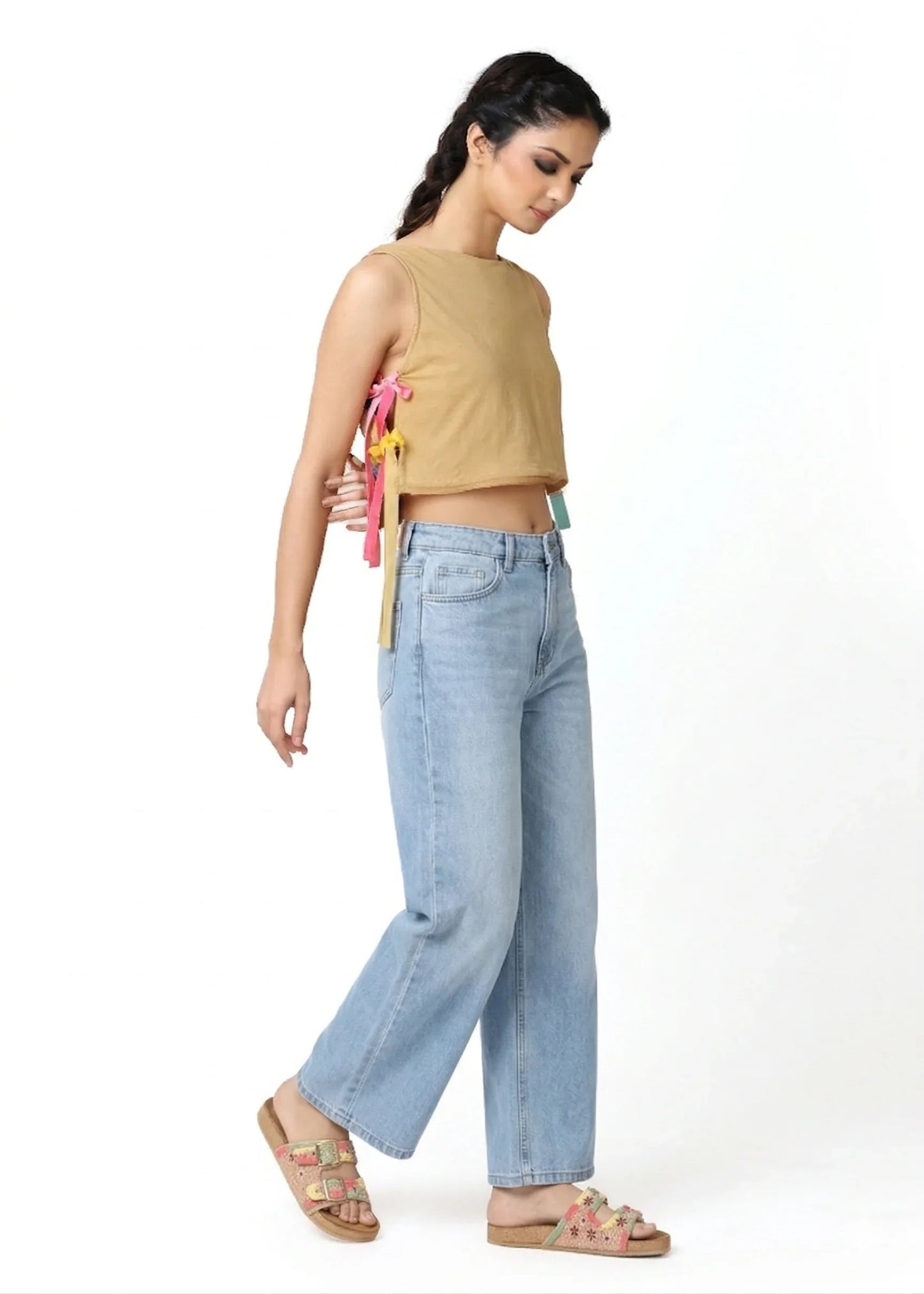 Beige crop top with side zig zag tie details, sleeveless design paired with light blue high-waisted jeans, reflecting ALTER. - Top ZIG ZAG - S / Zig Zag Pastel - ALTER EGO