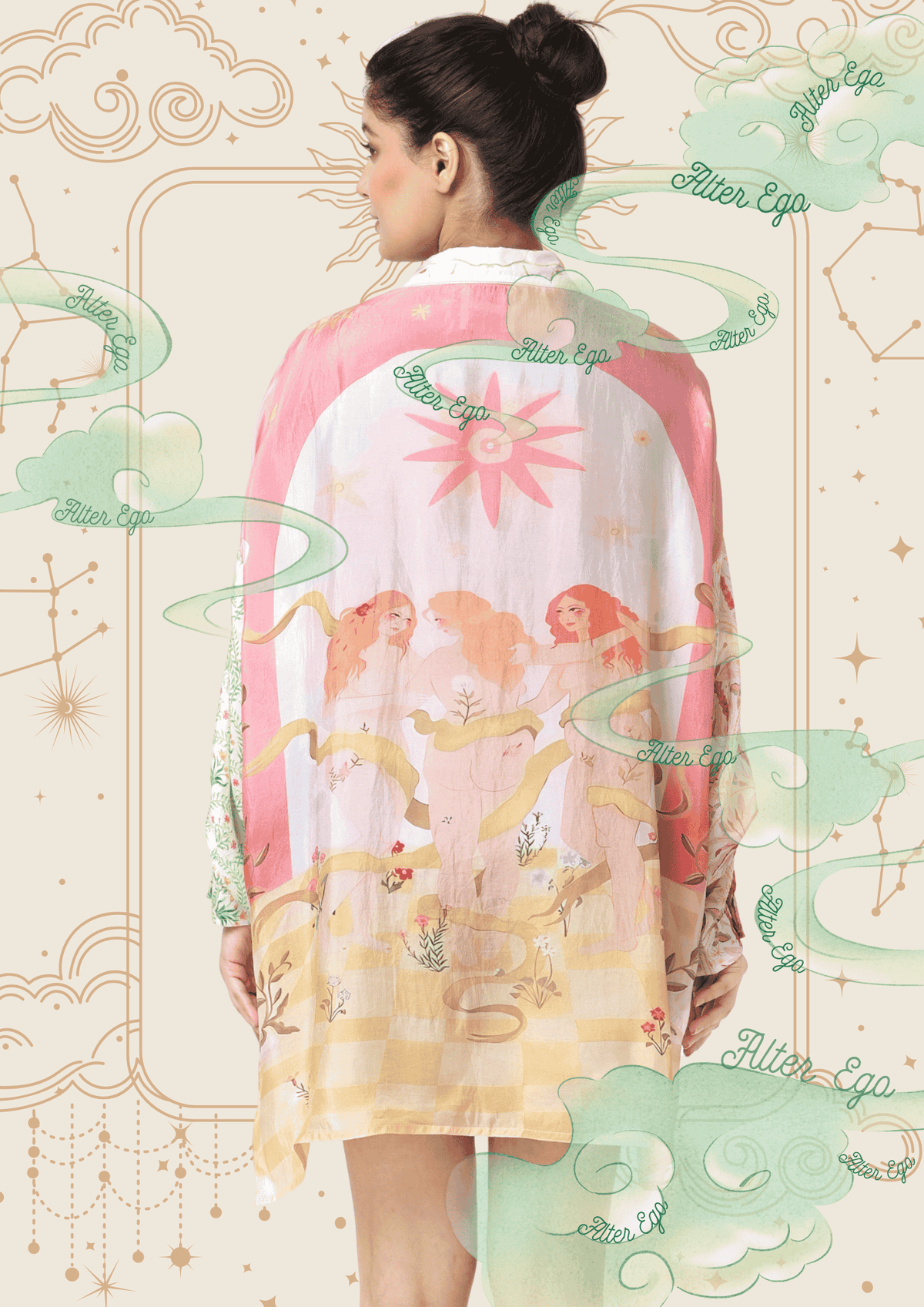 Woman wearing a sheer beige silk shirt dress with coral, pink, and yellow floral motifs, long sleeves, and a loose fit. - Chemise GRACES - XS - ALTER EGO