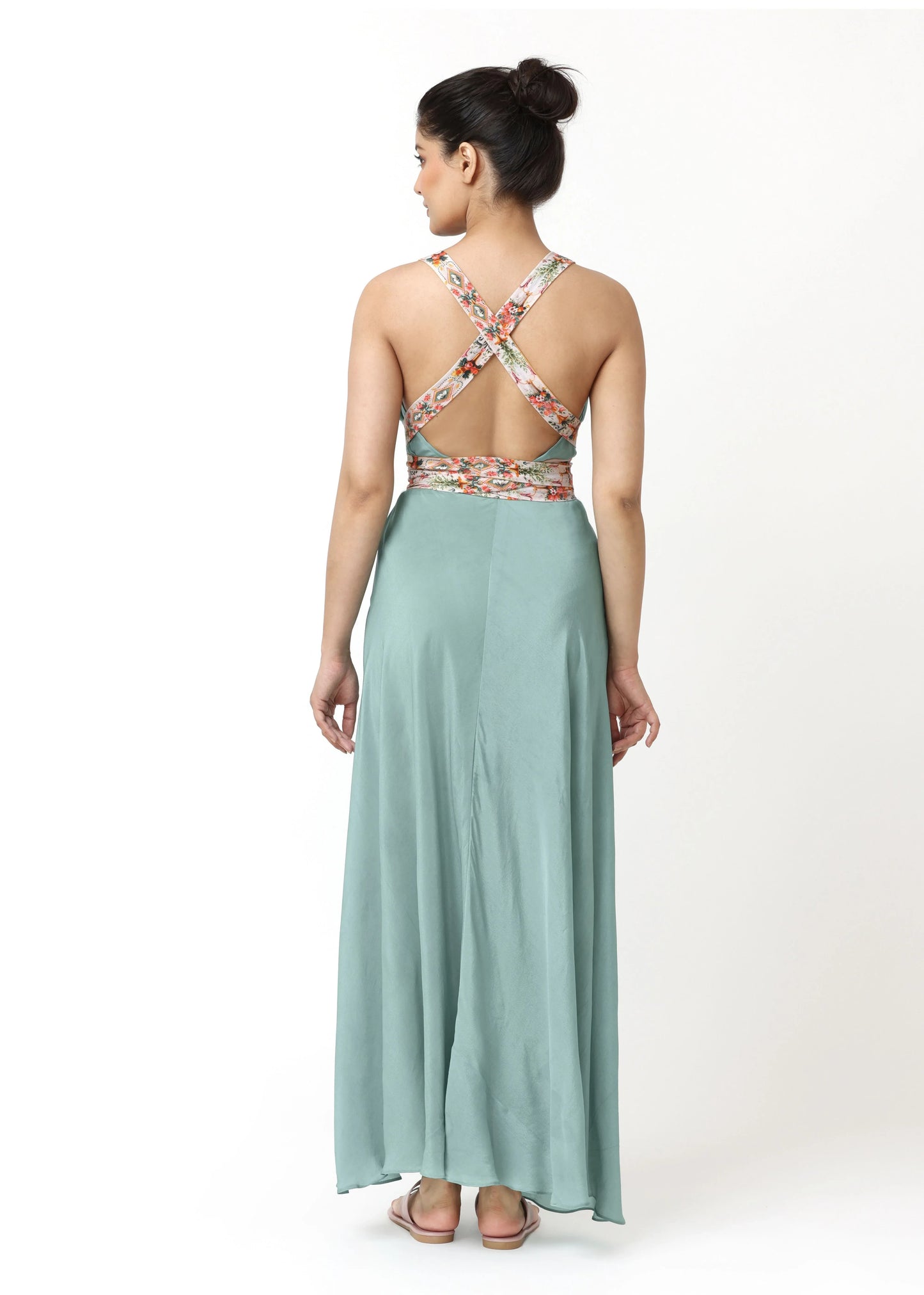 Long multicolored floral print Robe Calliope with crisscross straps and open back in light green, showcasing elegant robe. - Robe CALLIOPE - Taille unique / VERT D'EAU - ALTER EGO