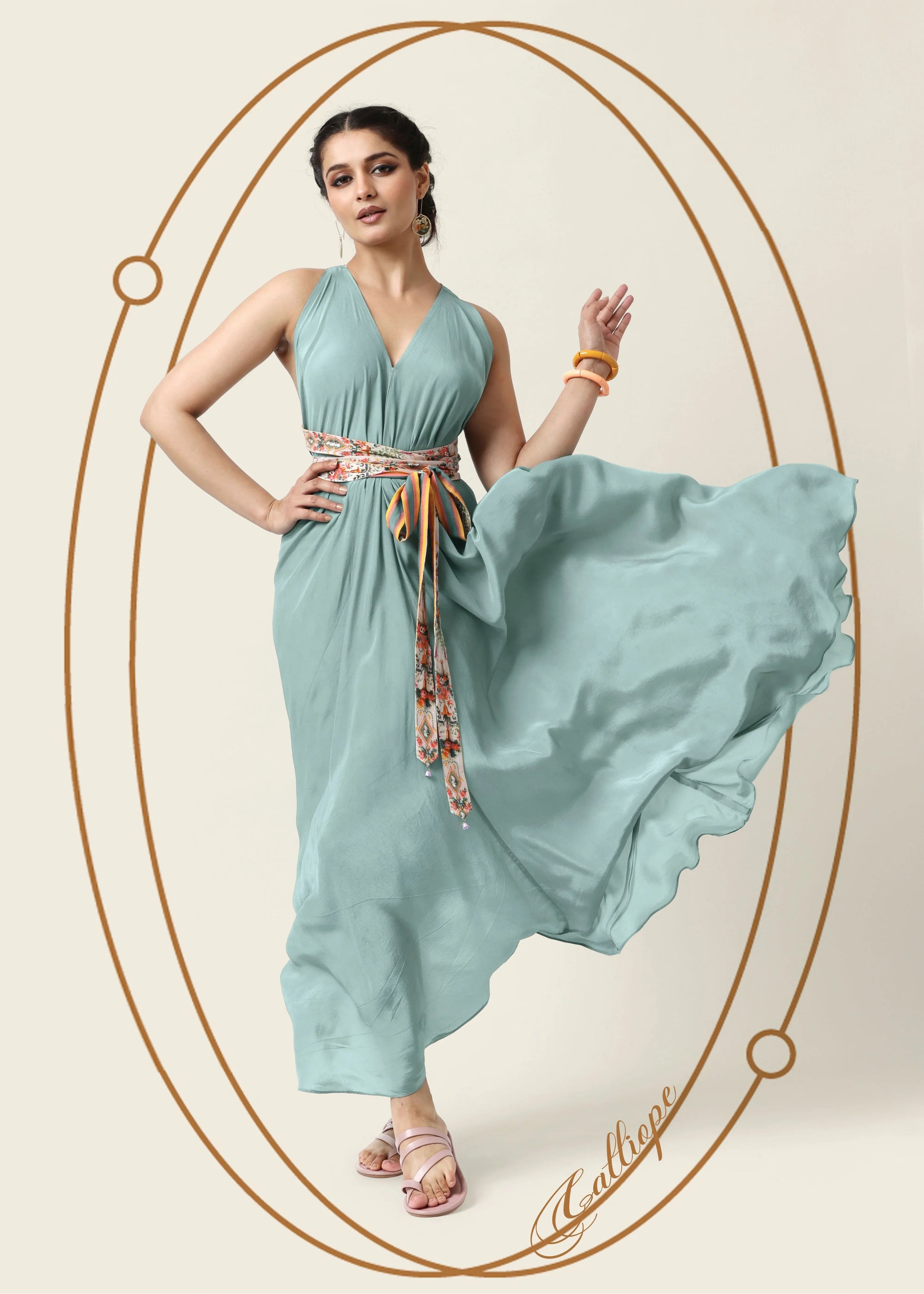 Long flowing vert d'eau sleeveless robe femme élégante with deep V-neck and decorative waist tie, showcasing ALTER EGO. - Robe CALLIOPE - Taille unique / VERT D'EAU - ALTER EGO
