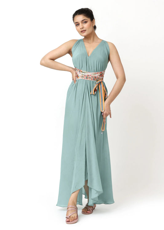 Elegant sleeveless robe femme élégante in vert d'eau with V-neck, floral belt, flowing cotton fabric, style femme raffiné by . - Robe CALLIOPE - Taille unique / VERT D'EAU - ALTER EGO