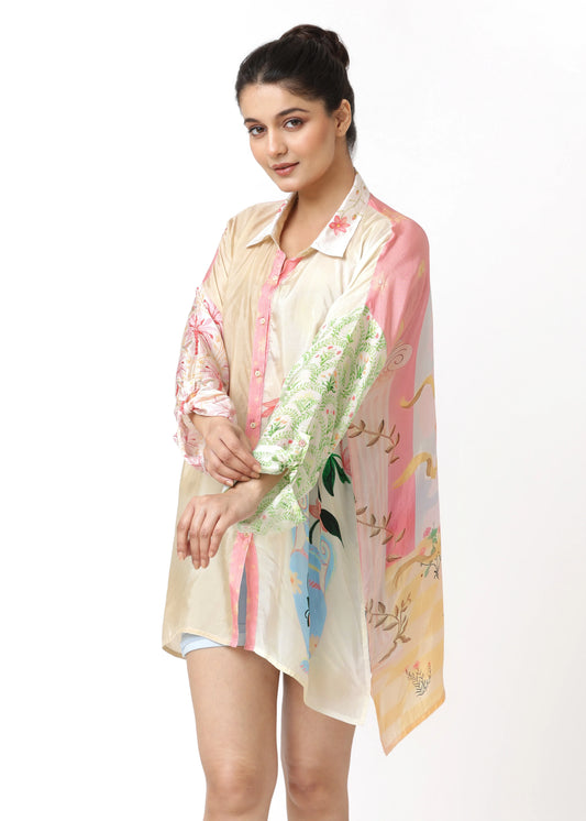 Flowy beige and pastel floral silk chemise with long sleeves and relaxed fit, elegant robe femme élégante by ALTER EGO,. - Chemise GRACES - XS - ALTER EGO