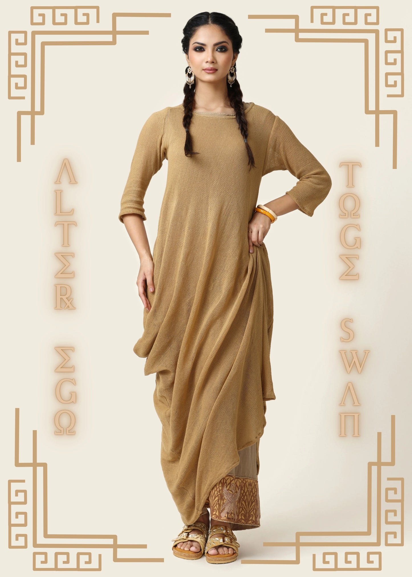 Beige robe toge Swan with 3/4 sleeves, round collar, and flowing silhouette, featuring intricate embroidery and floral. - Robe toge SWAN - S - ALTER EGO