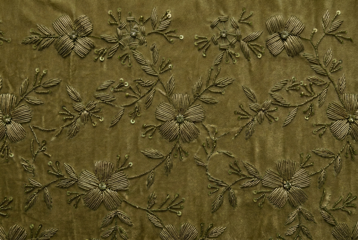 Broderies métalliques ton sur ton sur velours olive