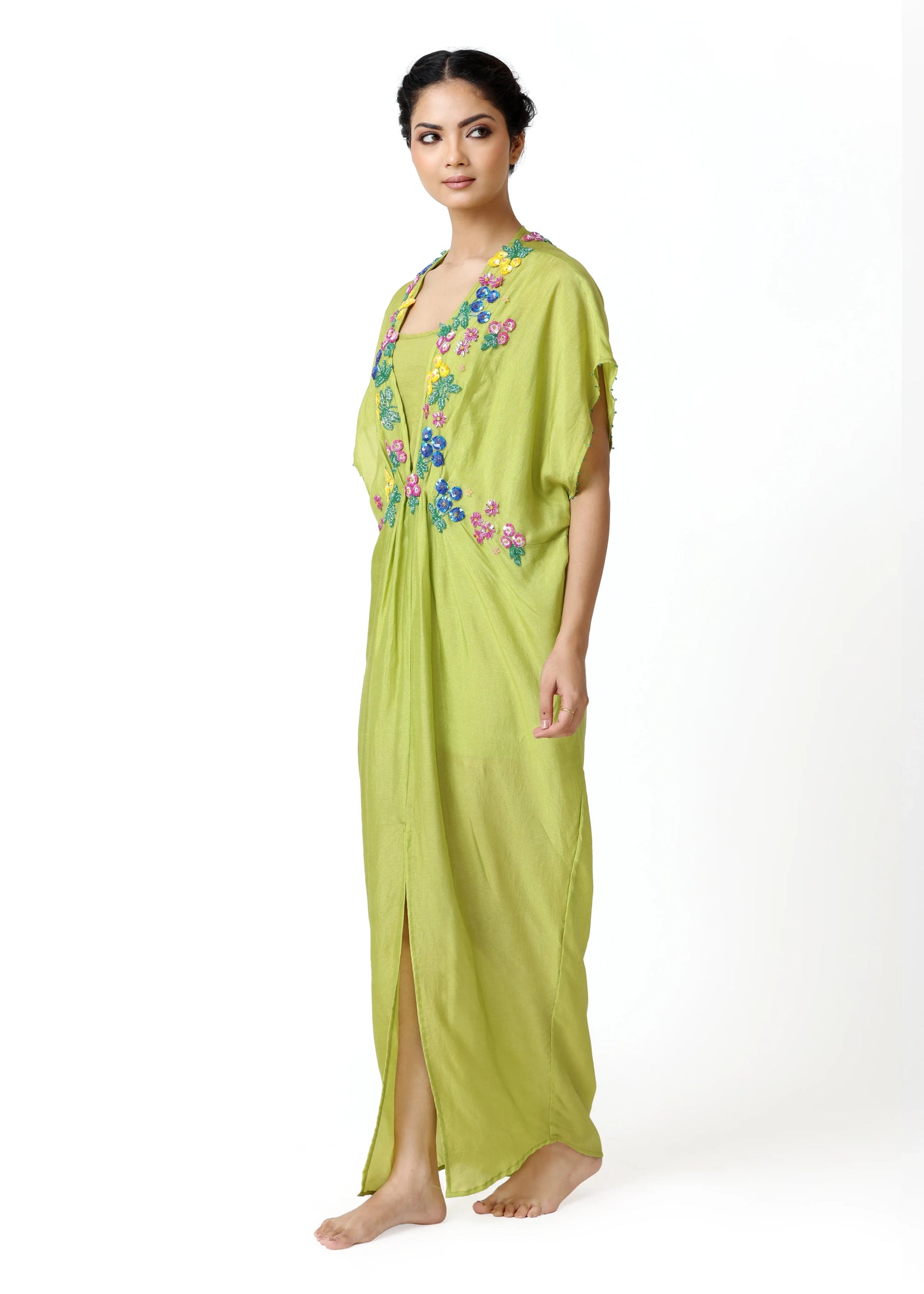 Long lime green cotton caftan with embroidered V-neck and multicolored floral broderie, 3/4 sleeves, elegant robe femme. - Caftan BLOOM - S - ALTER EGO