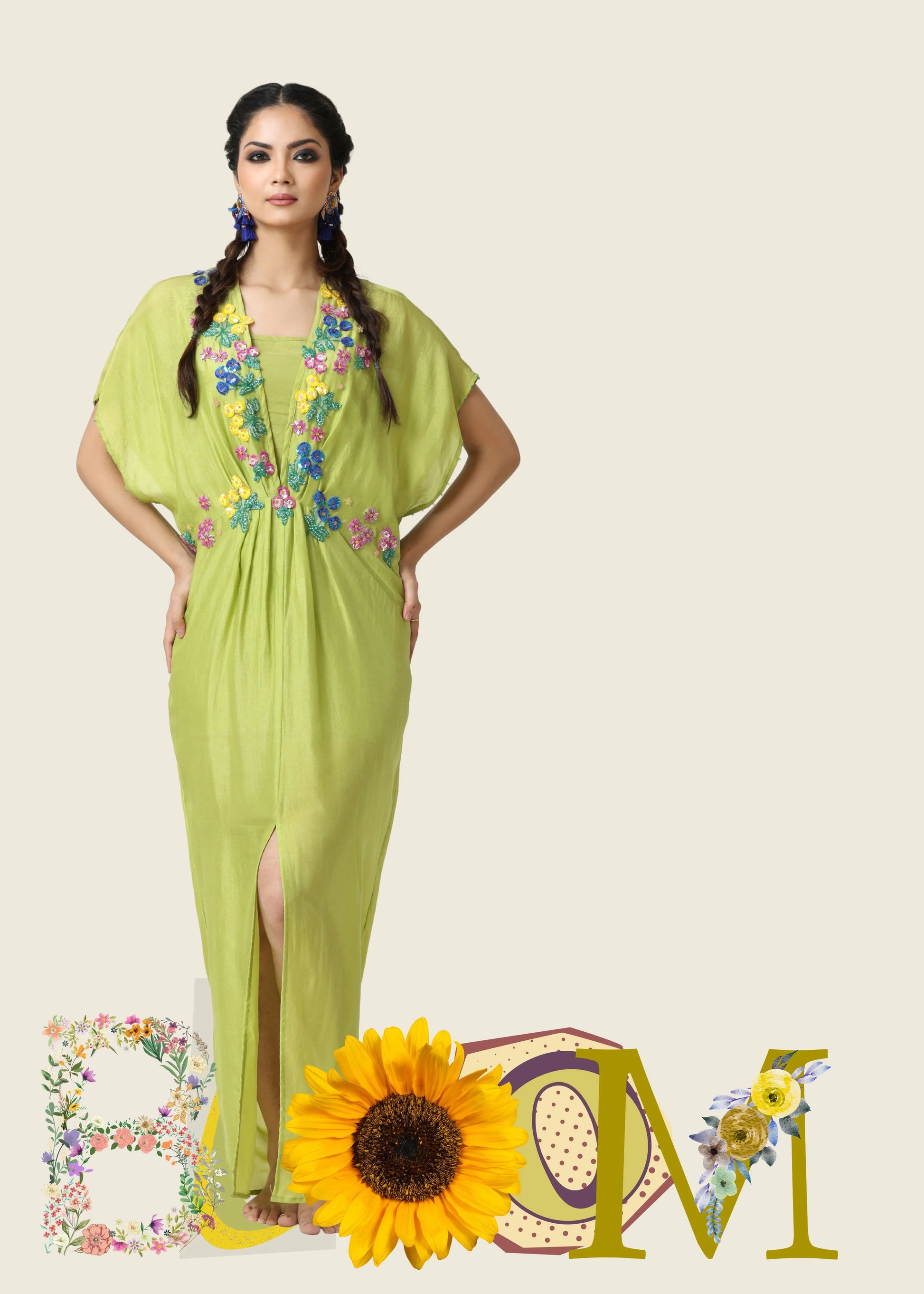 Light green caftan with colorful floral embroidery on chest and waist, V-neck, 3/4 sleeves, split front, flowing cotton. - Caftan BLOOM - S - ALTER EGO