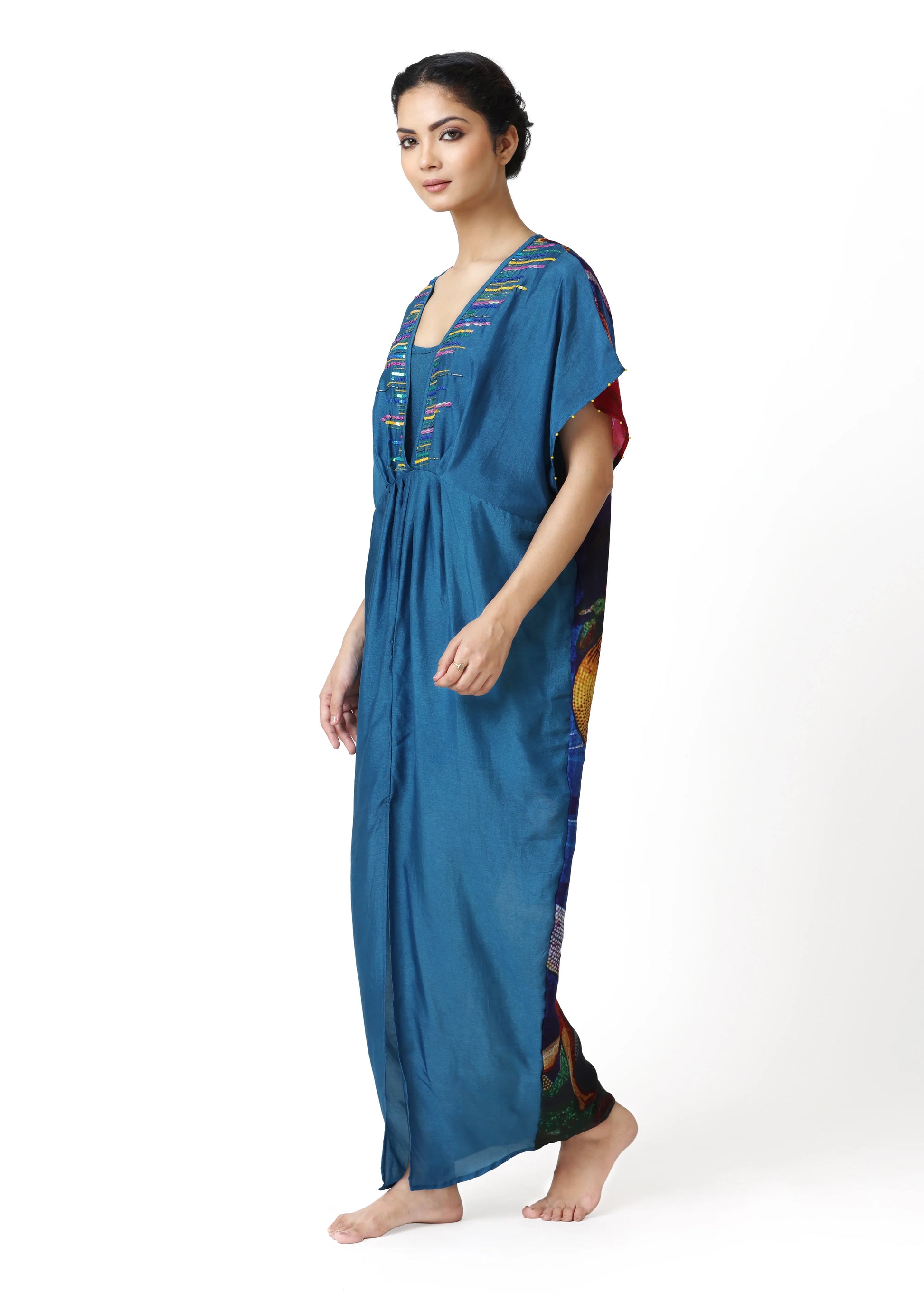 Long blue caftan dress with embroidered V-neck and multicolored floral and mystical vintage motifs along the sides, elegant. - Caftan EDEN - S - ALTER EGO