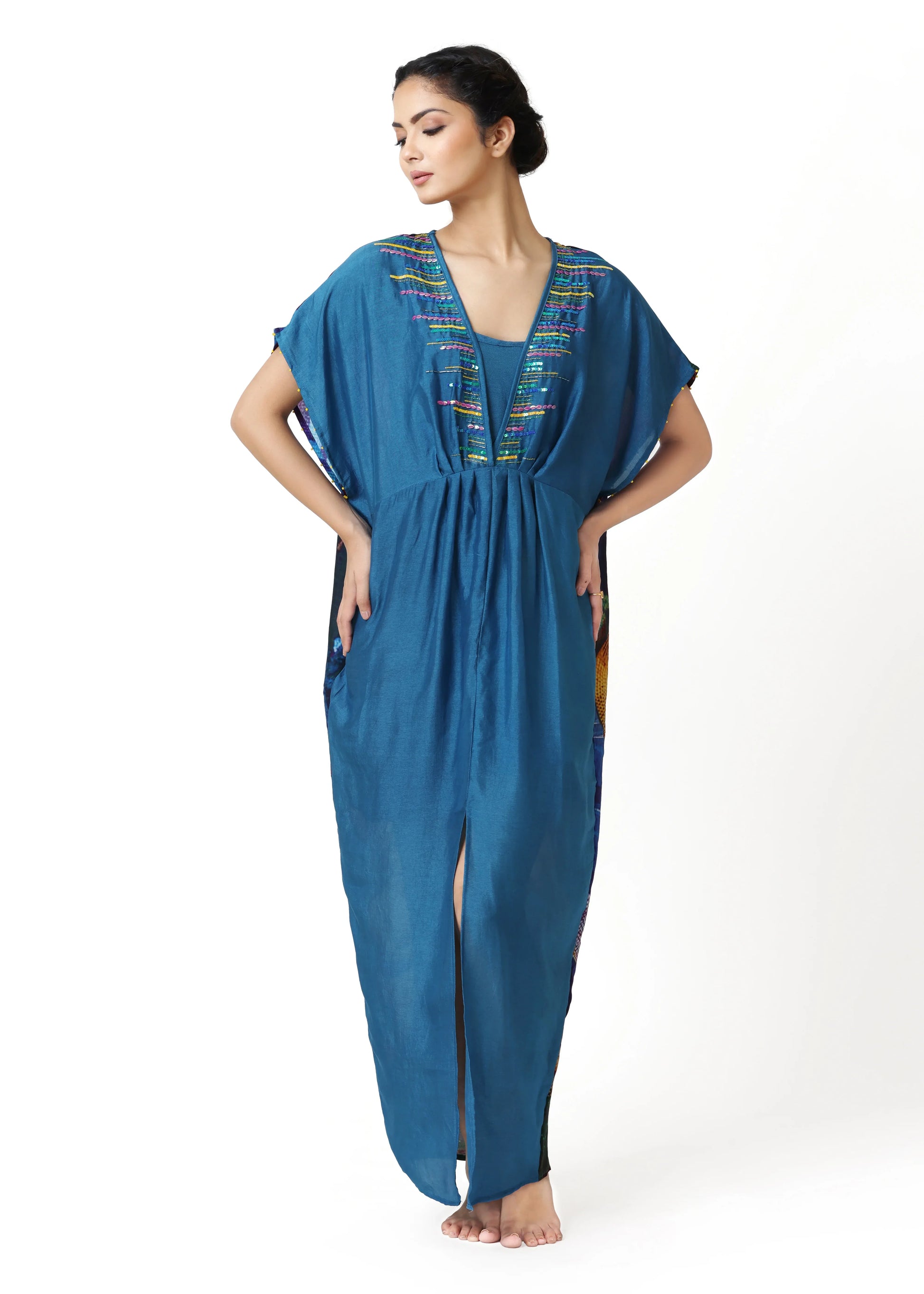 Blue multicolor embroidered caftan with V-neck and 3/4 sleeves, elegant robe femme élégante by ALTER EGO, mode féminine. - Caftan EDEN - S - ALTER EGO