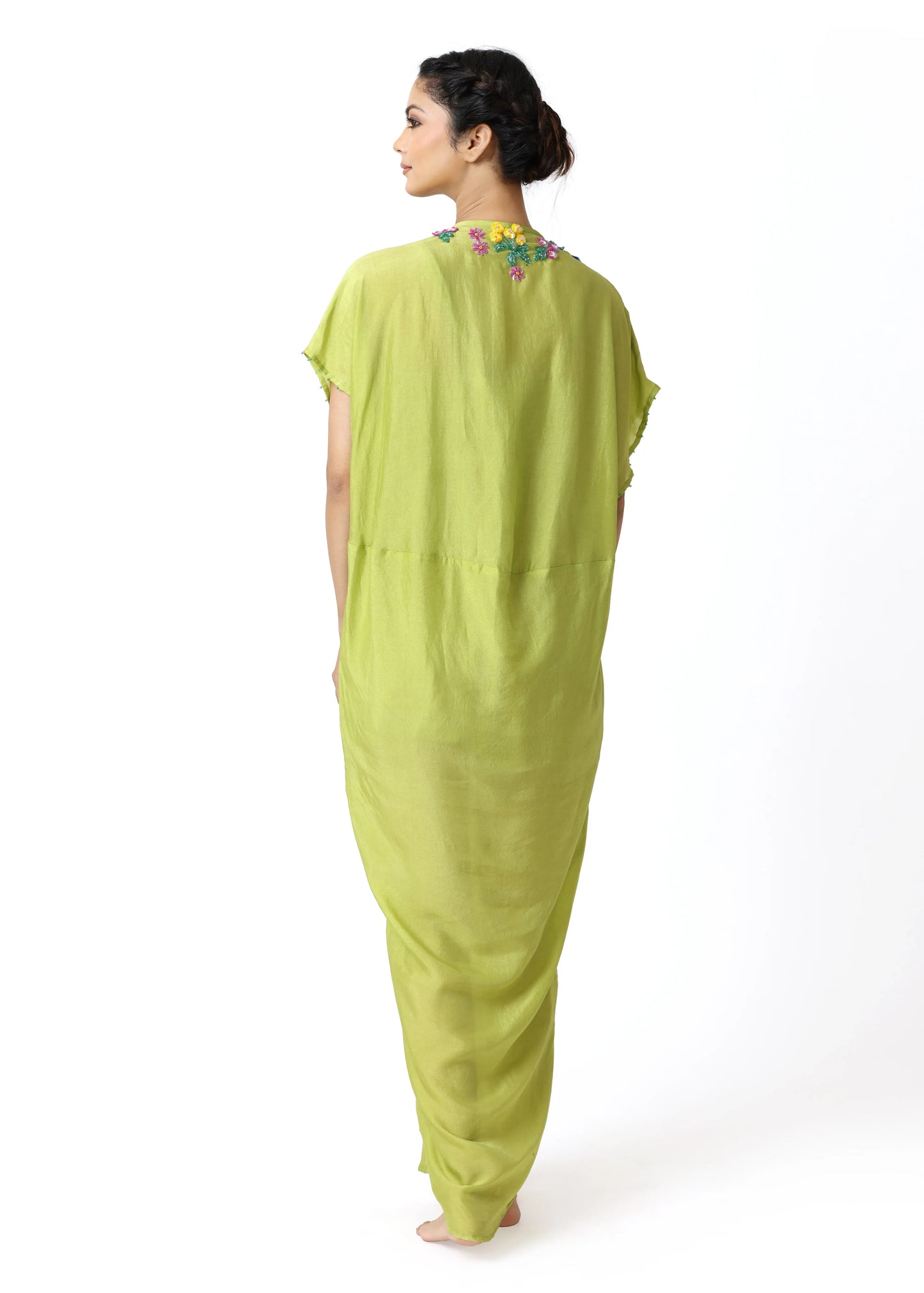 Light green caftan with loose fit and subtle draping, elegant back neckline embroidery, soft cotton fabric showcasing robe. - Caftan BLOOM - S - ALTER EGO