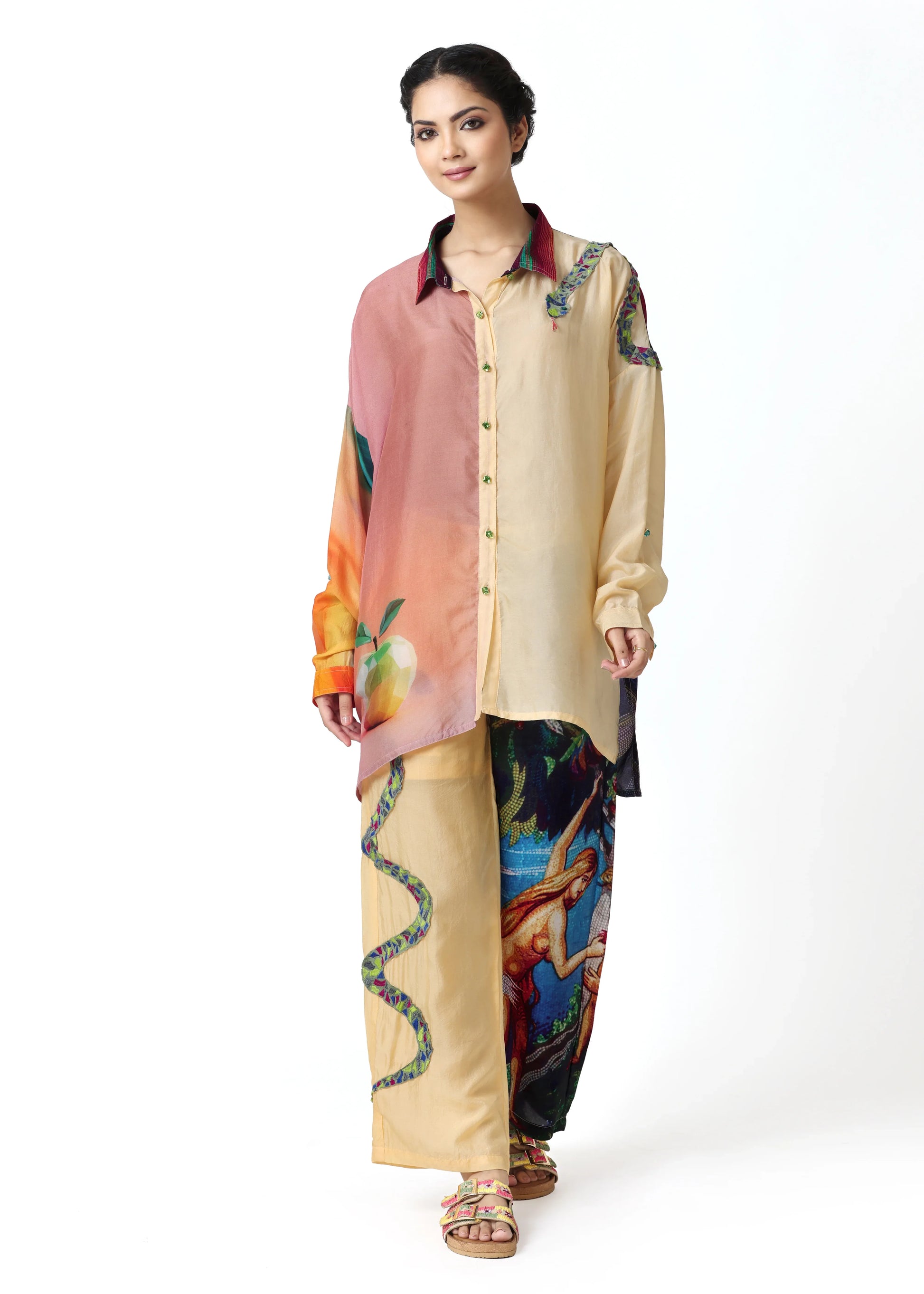 Chemise Eden by ALTER EGO with asymmetrical design, multicolor floral and abstract prints, long sleeves, cotton fabric,. - Chemise EDEN - XS - ALTER EGO