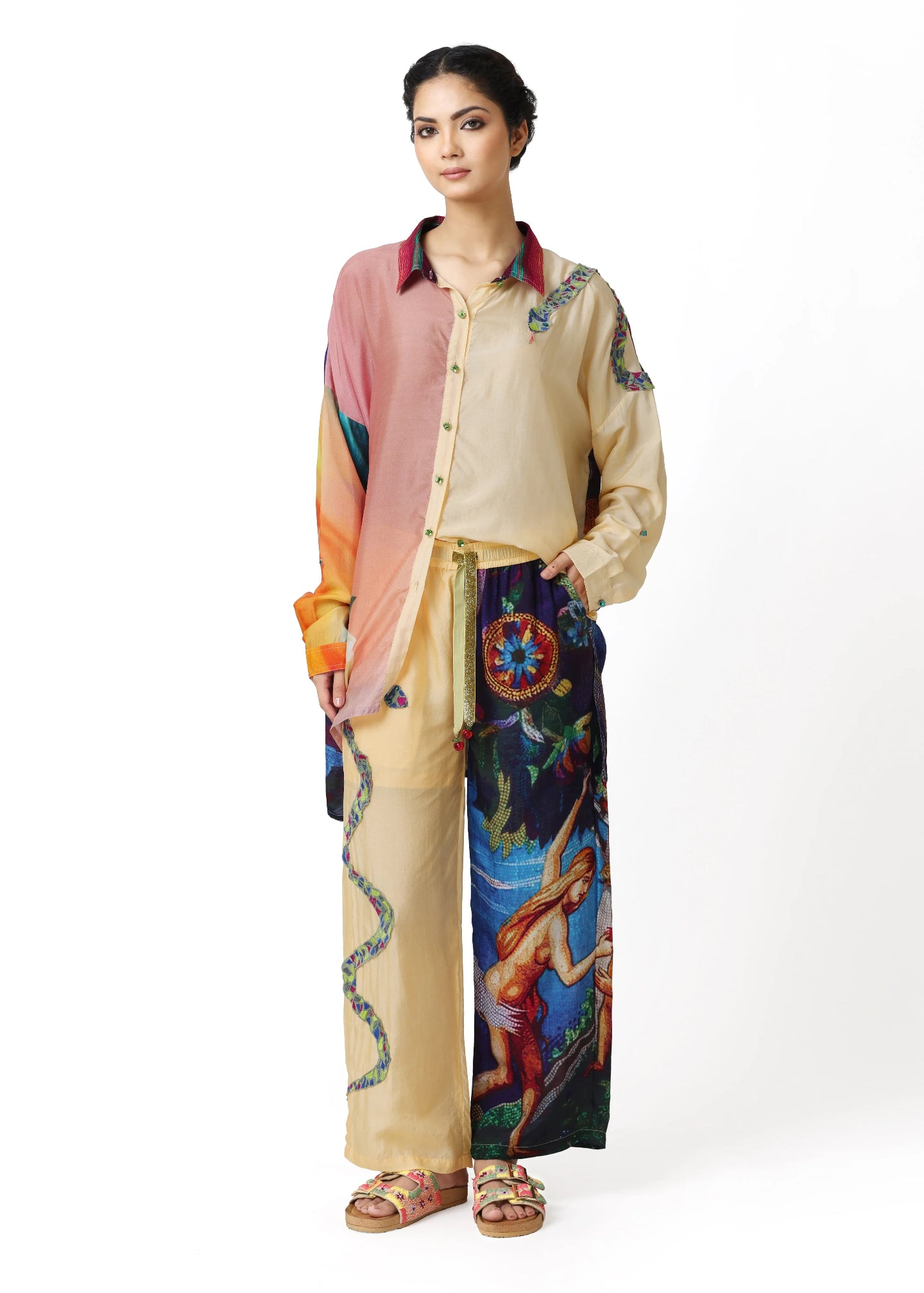 Long Chemise EDEN from ALTER EGO featuring multicolored silk fabric, intricate floral and mystical prints, long sleeves, and . - Chemise EDEN - XS - ALTER EGO