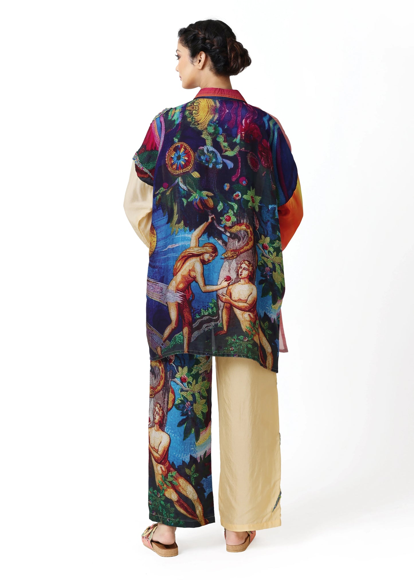 Long silk blouse Chemise EDEN by ALTER EGO with vibrant multicolor floral and mystical bird print, fluid fabric draping over . - Chemise EDEN - XS - ALTER EGO