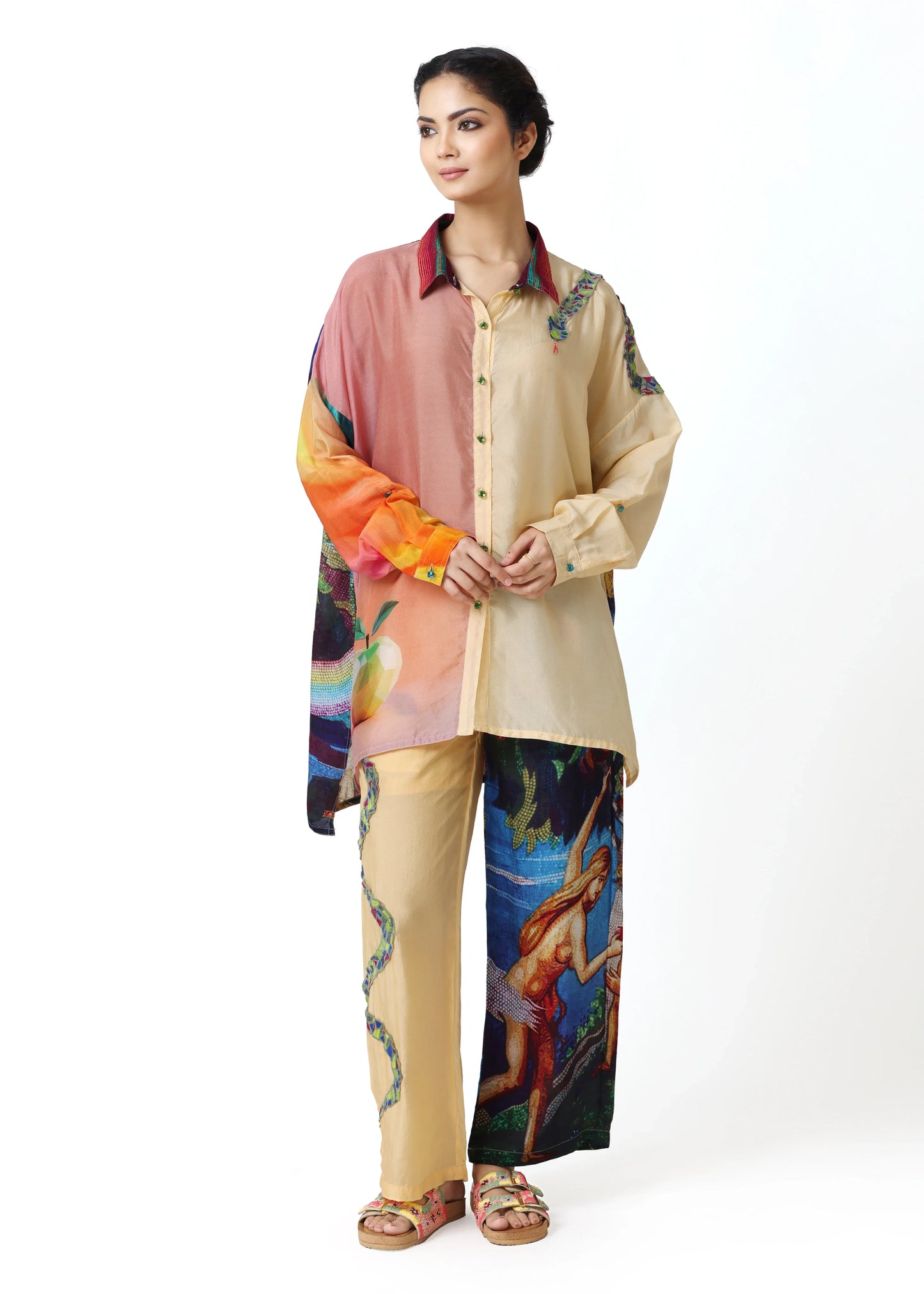 Multicolor chemise EDEN blouse with floral and mystical print, long sleeves, loose fit, premium feminine fashion by ALTER. - Chemise EDEN - XS - ALTER EGO