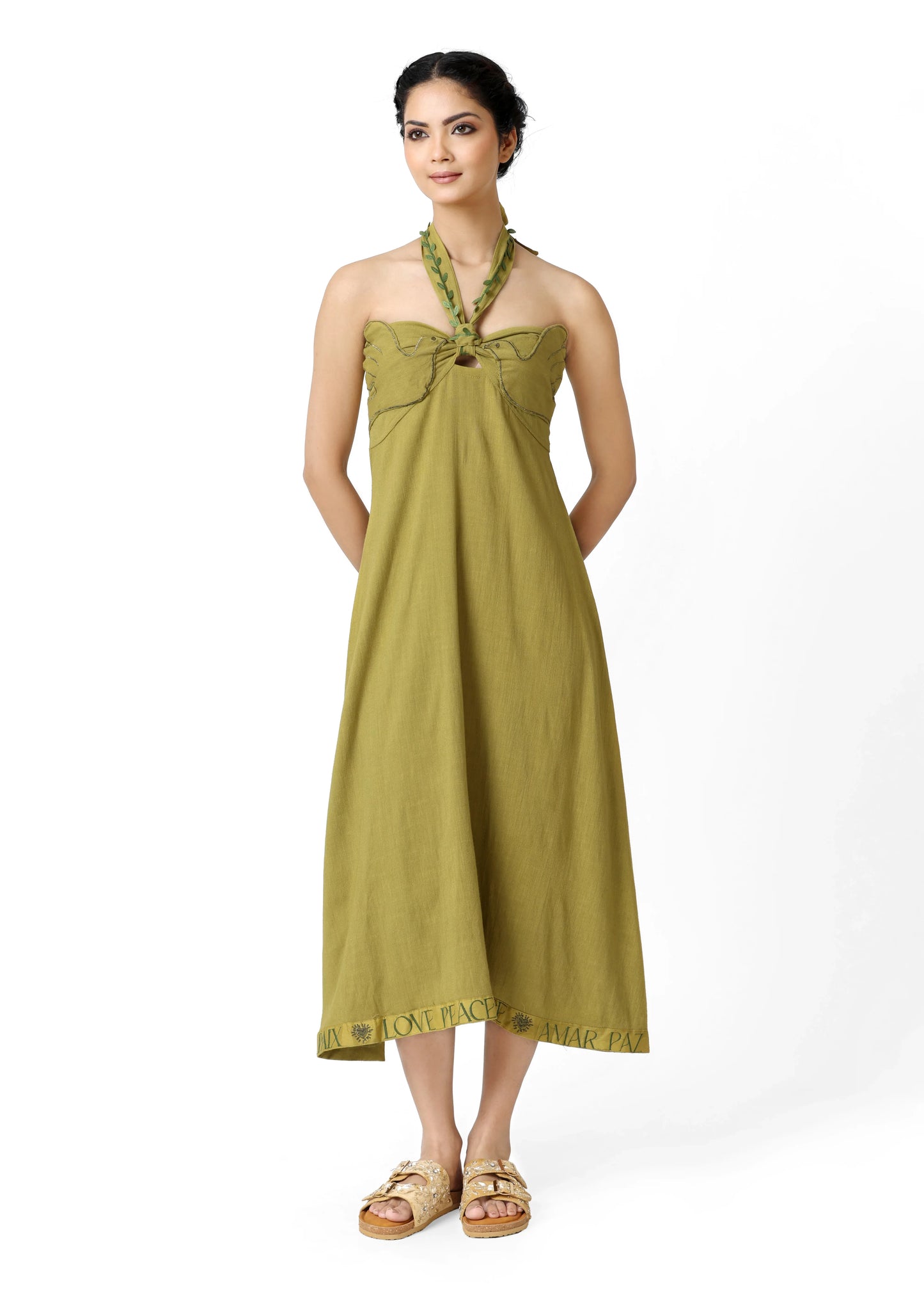 Green midi sleeveless dress with broderie neckline and back cutout, elegant robe femme style by ALTER EGO. - Robe DOVE - S - ALTER EGO