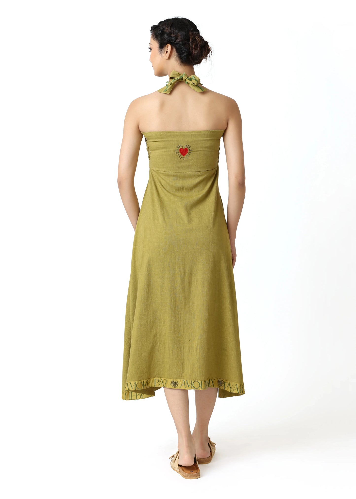 Olive green midi robe femme élégante with strapless bustier design, subtle embroidery at back, flowing cut, embodying mode. - Robe DOVE - S - ALTER EGO