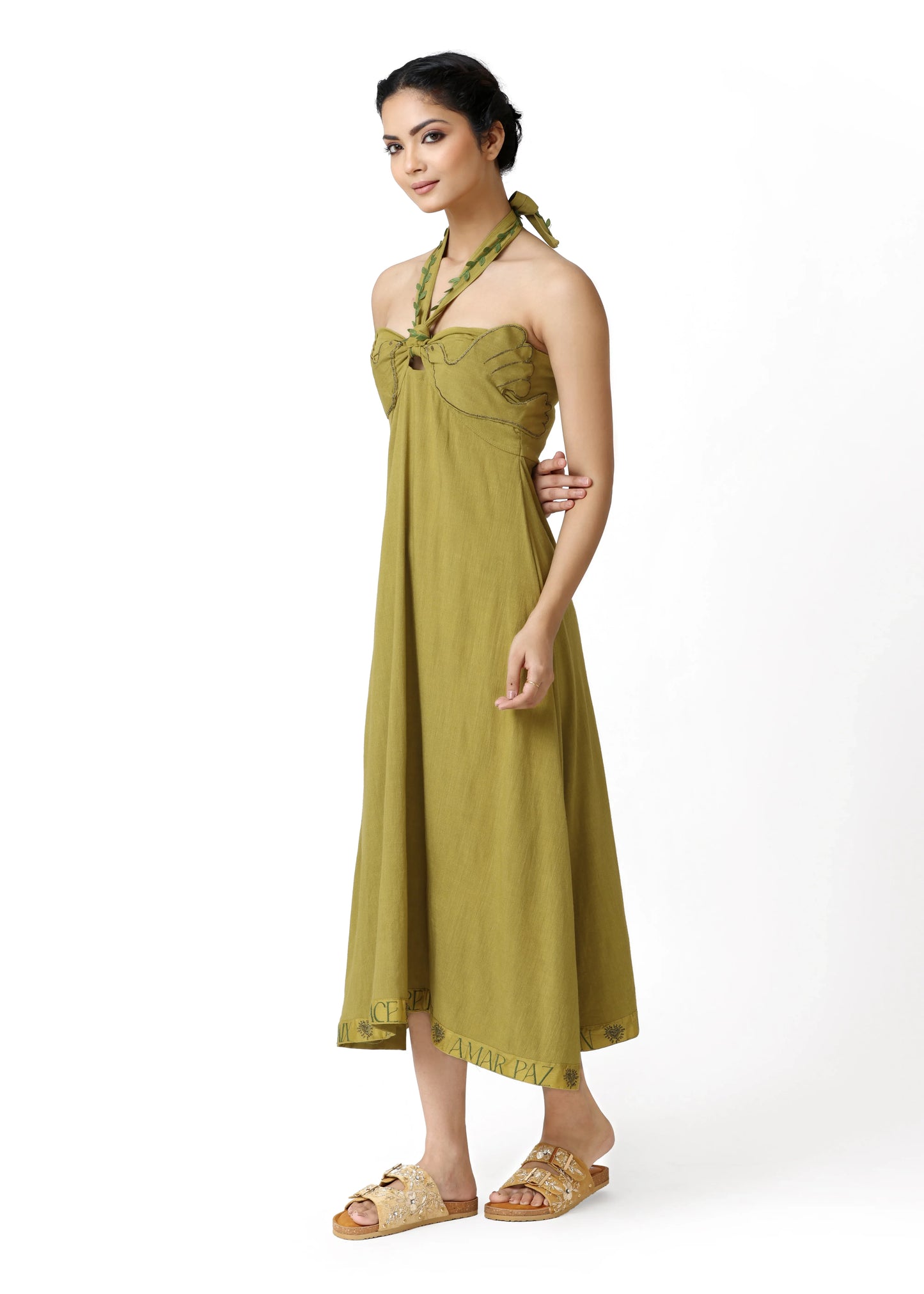 Olive green midi robe femme élégante with halter neckline and broderie detailing, flowy silhouette by ALTER EGO, style femme . - Robe DOVE - S - ALTER EGO