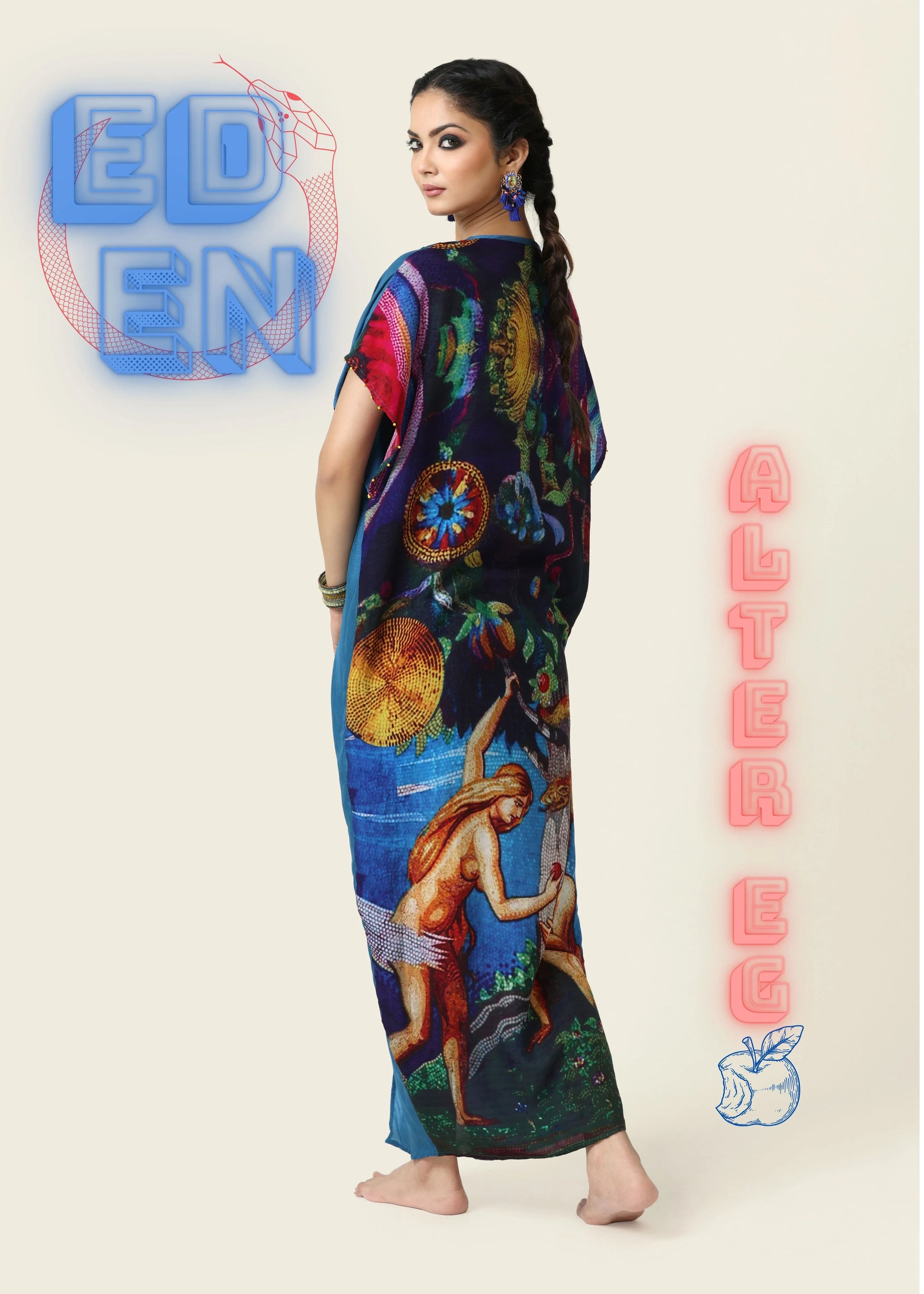 Long multicolored Caftan EDEN dress with mystical floral and vintage motifs, V-neck embroidery, 3/4 sleeves, elegant robe. - Caftan EDEN - S - ALTER EGO