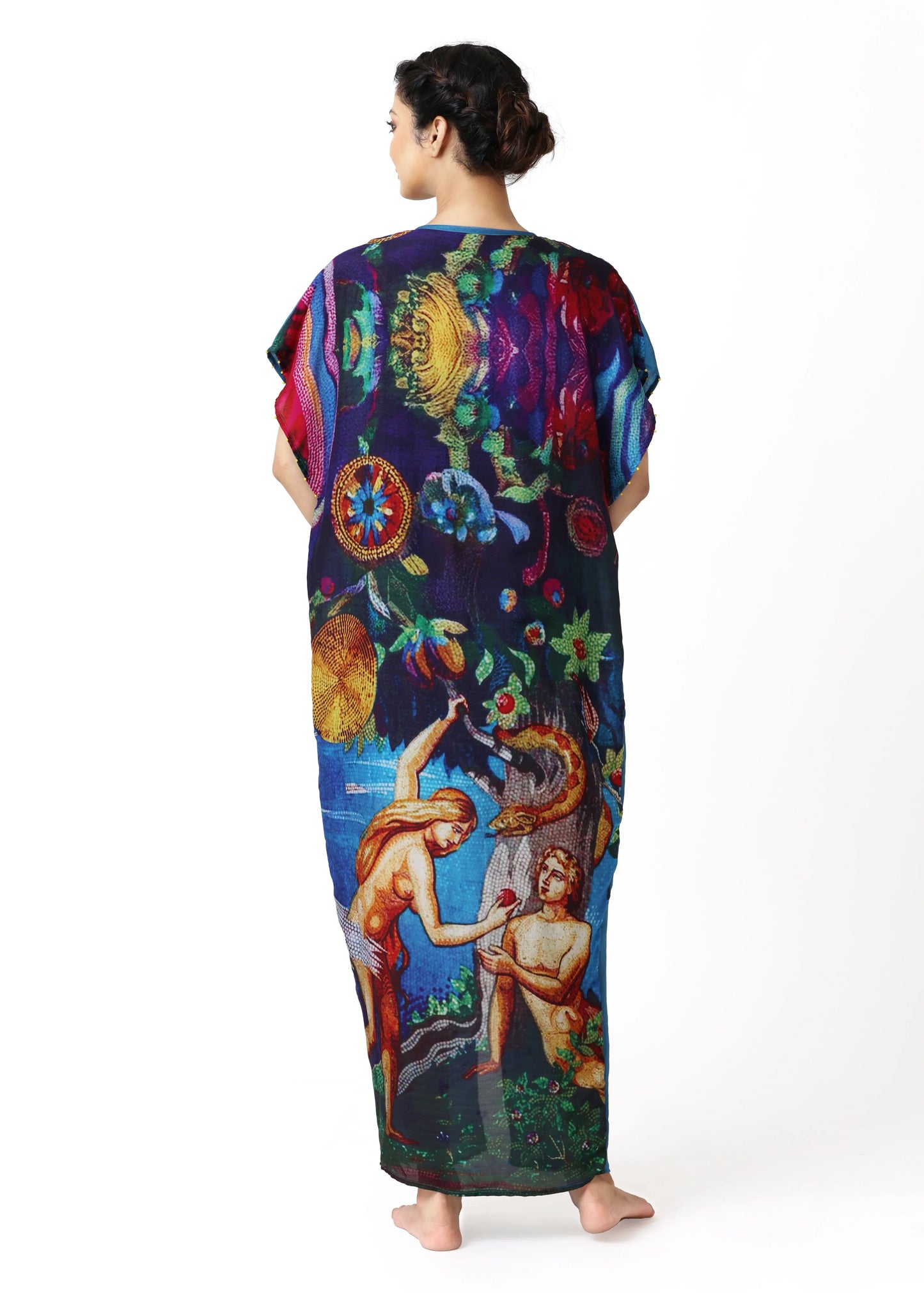 Long multicolored Caftan EDEN with mystical and vintage floral motifs, embroidery on V-neck, flowing silhouette, elegant. - Caftan EDEN - S - ALTER EGO