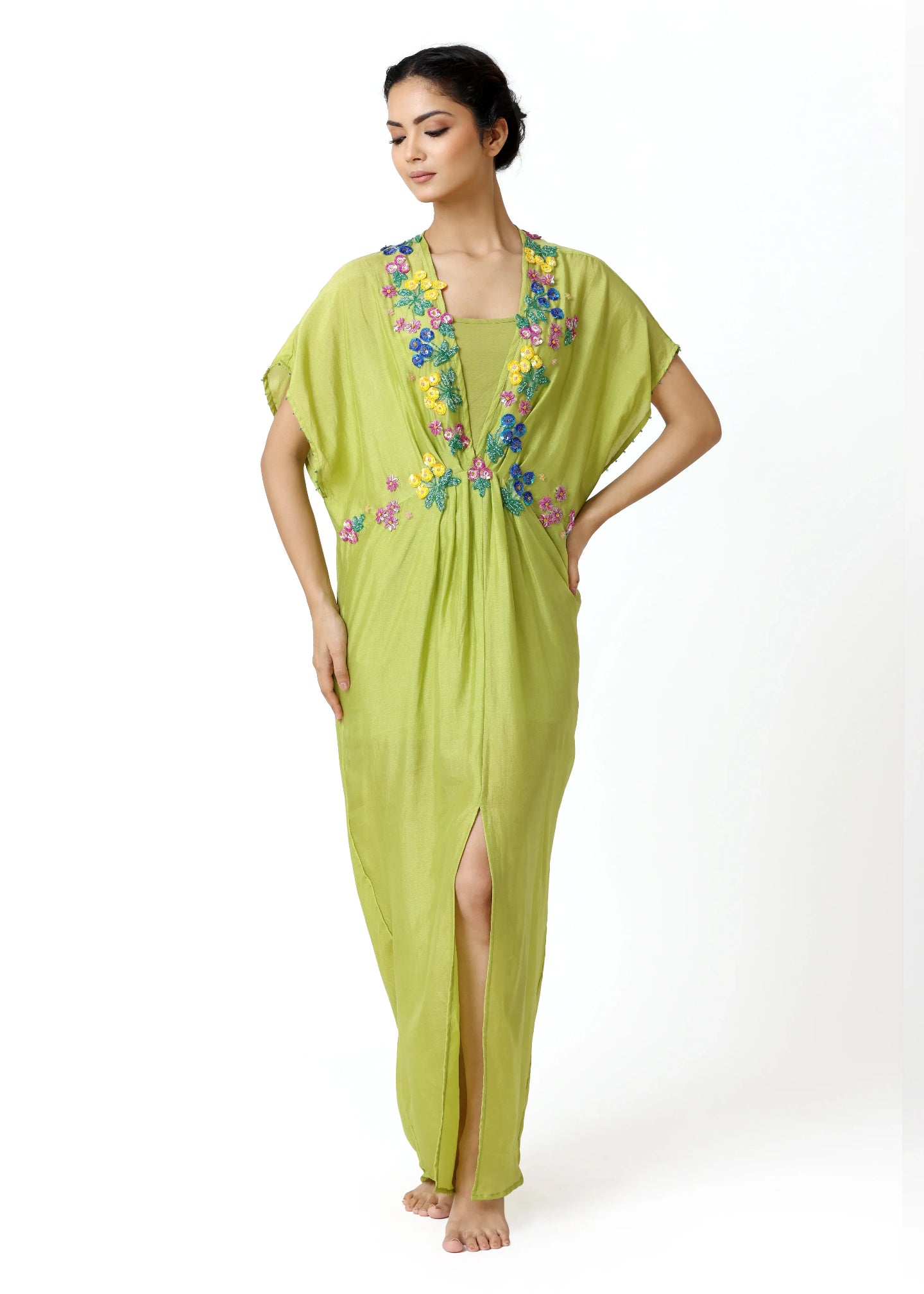 Light green caftan with multicolored floral embroidery along deep V-neck and front slit, flowing cotton fabric, 3/4 sleeves, . - Caftan BLOOM - S - ALTER EGO