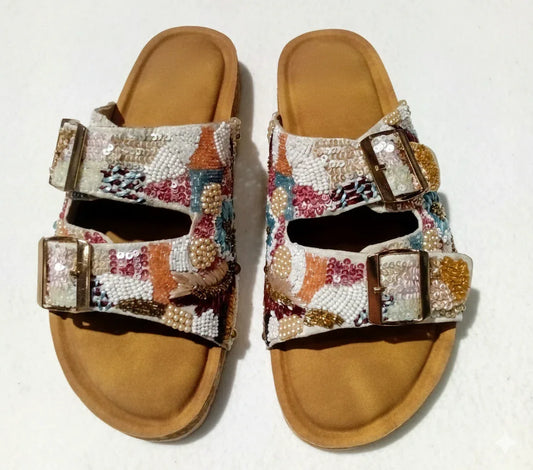 Camel-colored Birkenstock-style sandals with multicolored pastel sequin embroidery, double buckle straps, and a comfortable. - Sandale SEQUIN PASTEL - 36 - ALTER EGO