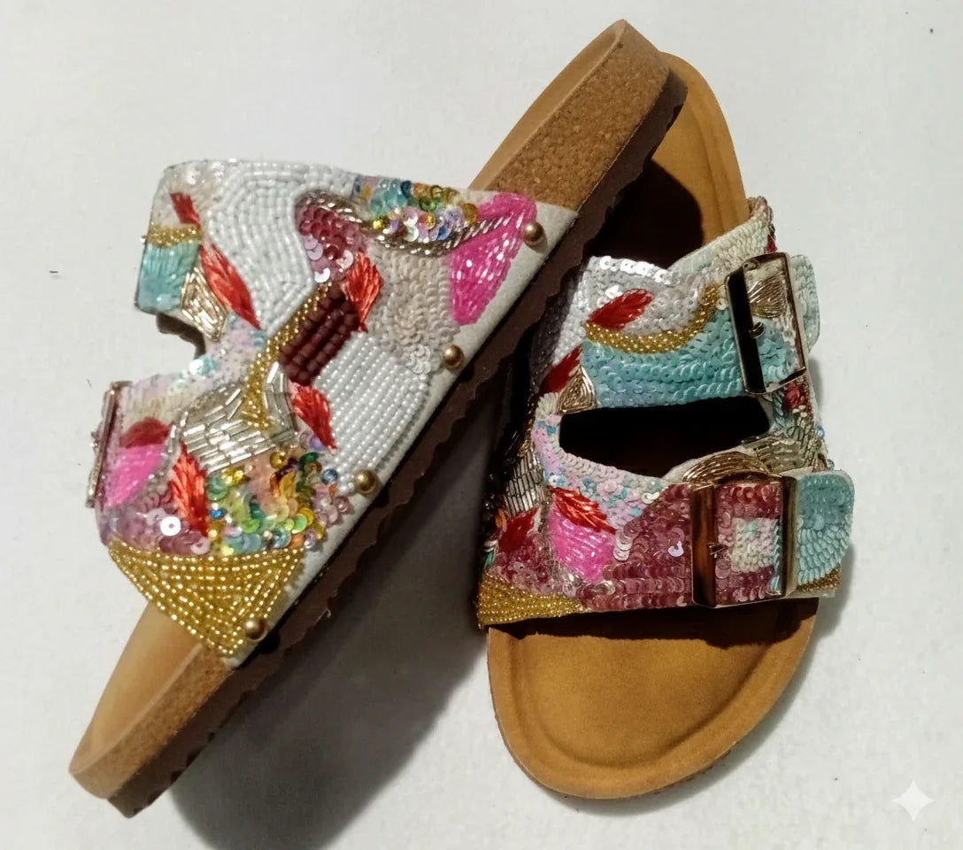 Multicolored sequined sandals with dual buckles, camel footbed, and boho chic embroidery for a tenue chic femme by ALTER EGO. - Sandale SEQUIN MULTICOLORE - 36 - ALTER EGO